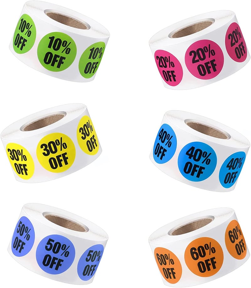 ZLY 6 Rolls/3000 PCS Percent Off Stickers,1'' 10 to 60 Percent Discount Stickers Labels,Adhesive Discount Labels for Shop,Circle Sale Tags Sale Stickers for Retail Store Clearance - Image 1